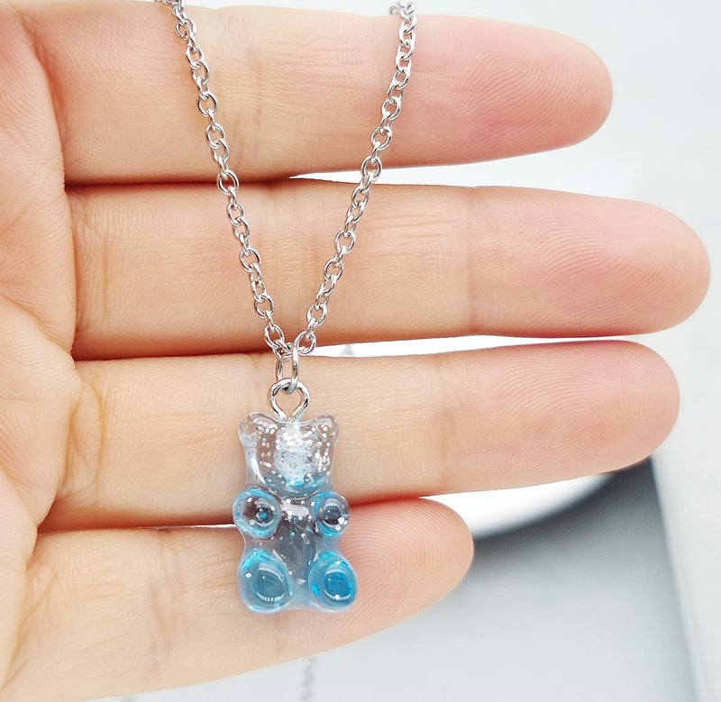 RUIZHEN Mix Multi-color Resin Gummy Bear Pendant Necklace Stainless Steel Chain(blue) - Image 3